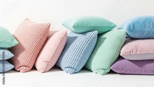 A stack of ribbed fabric pillows in pastel shades of pink, blue, green, and purple