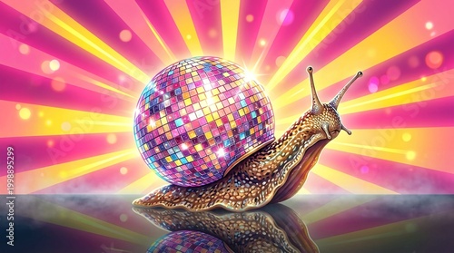 Disco Snail with Glittering Disco Ball and Vibrant Light Rays for Entertainment or Party Decor