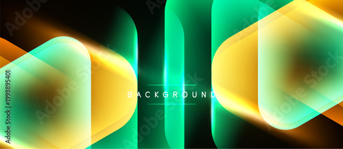 Abstract geometric shapes, vibrant colors, dynamic composition. Neon glow creates futuristic visual effect. Dark background enhances luminosity.