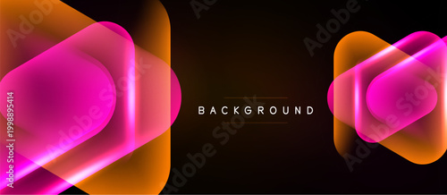 Abstract neon shapes overlap dark background. Vibrant pink, orange hues create modern visual effect. Minimalist design.