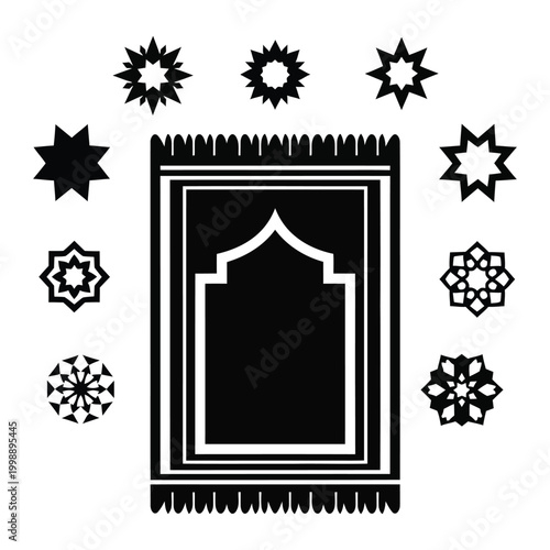 Black Islamic prayer rug with geometric patterns and star motifs