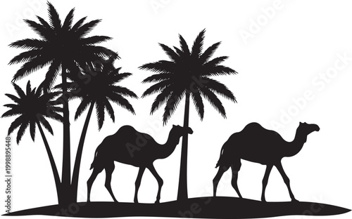 Camel Desert Silhouette with Palm Trees Arabian Landscape Illustration