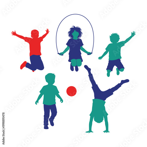 Children Silhouettes Jumping Rope and Playing Sports on White Background