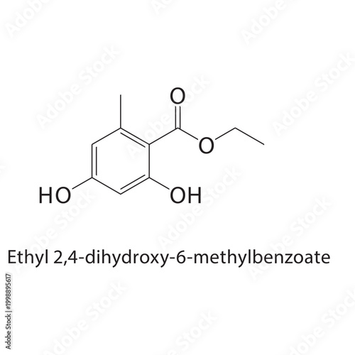 Ethyl 2,4-dihydroxy-6-methylbenzoate skeletal structure. ester compound schematic illustration. Simple diagram, chemical formula.