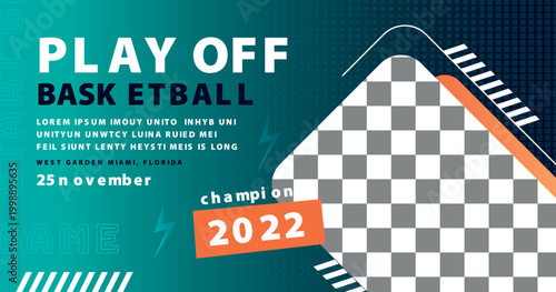 Basketball play off sports banner design with a player holding a ball and championship text template