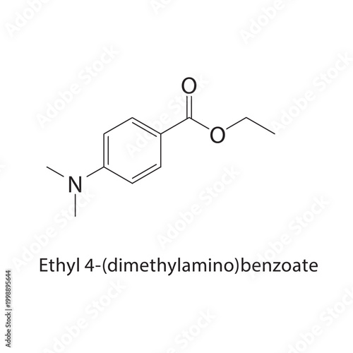 Ethyl 4-(dimethylamino)benzoate skeletal structure. amino ester compound schematic illustration. Simple diagram, chemical formula.