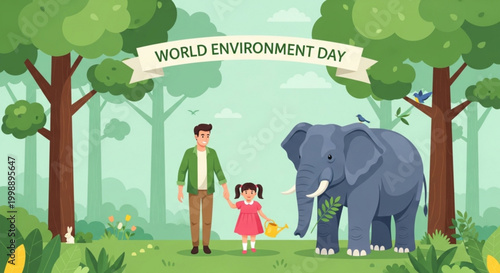 World Environment Day illustration father and daughter with elephant in lush forest concept of nature conservation and eco-friendly lifestyle