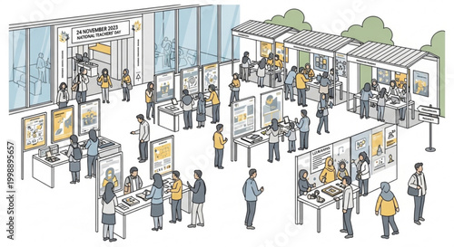 Diverse crowd at a science exhibition people interacting with displays and booths educational event concept isometric illustration