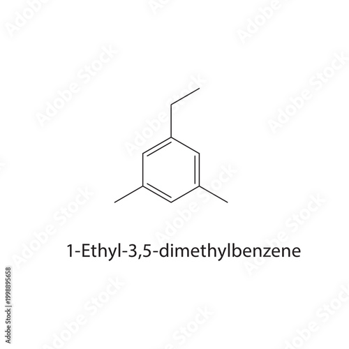 1-Ethyl-3,5-dimethylbenzene skeletal structure. aromatic compound schematic illustration. Simple diagram, chemical formula.