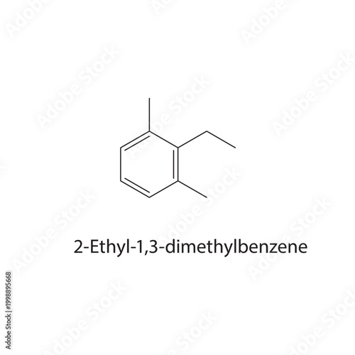 2-Ethyl-1,3-dimethylbenzene skeletal structure. aromatic compound schematic illustration. Simple diagram, chemical formula.