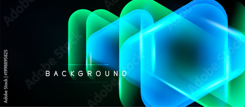 Abstract geometric shapes overlap. Vibrant blue, green hues dominate dark background. Modern design, glowing effect present.
