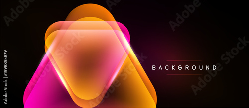 Abstract geometric shapes overlap, creating vibrant gradient effect. Dark background emphasizes bright colors, modern design element.