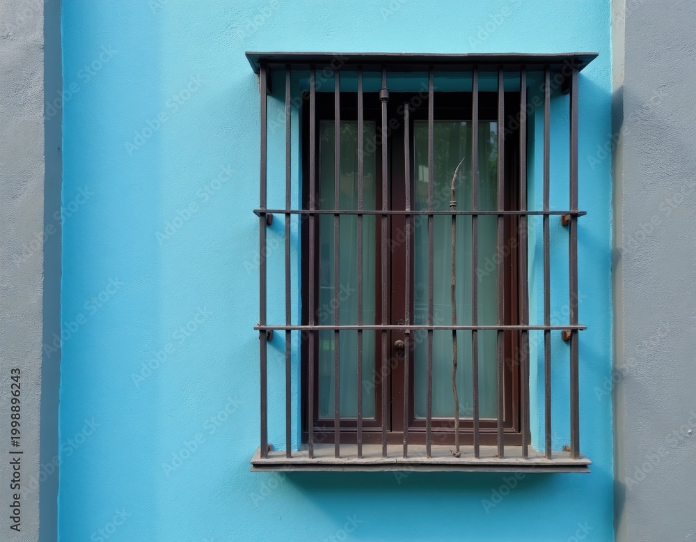 Obraz premium A security barred window on a bright light blue stucco wall. The dark metal bars protect a brown framed glass pane on a sunny day. This classic exterior detail offers a vintage architectural feel.