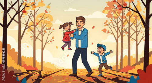 Father playing with children in autumn park happy family enjoying fall season illustration for concept of childhood and togetherness
