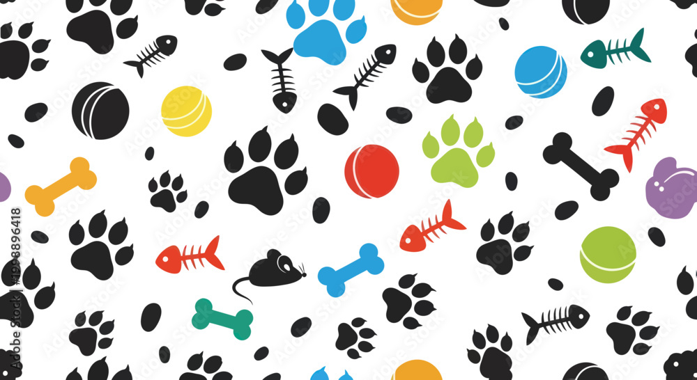 Fototapeta premium Colorful Pet Paw Prints, Bones, Fish Skeletons, Balls, and Mice Seamless Pattern