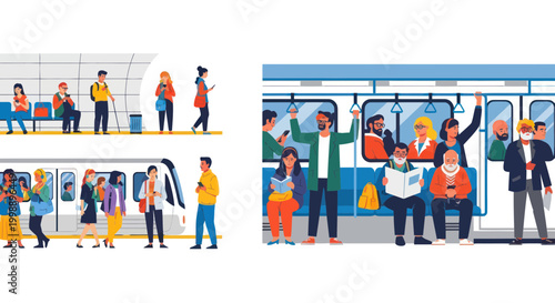 Diverse people commuting on modern public transport, subway station and train interior.