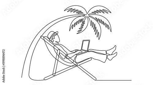 Continuous one line drawing of a person working on a laptop under a palm tree.