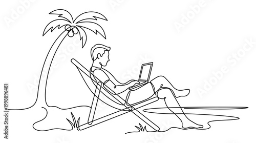 Continuous line drawing of a man working on a laptop on the beach.