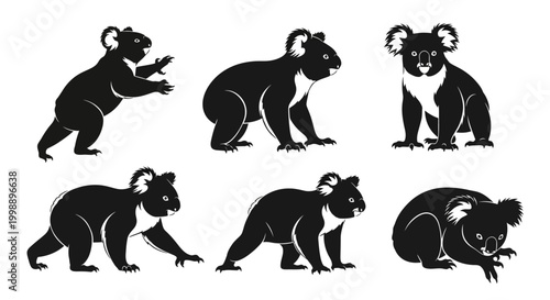 Koala Bear Silhouette Set, Vector Animal Illustrations
