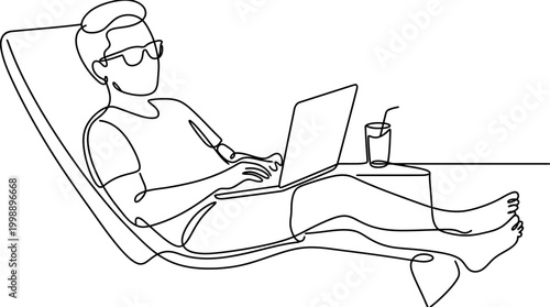 Continuous one line drawing of a man relaxing with a laptop.
