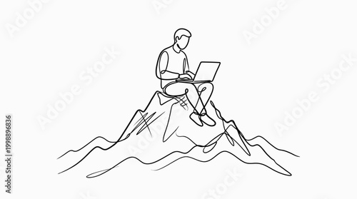 Continuous line drawing of a man sitting on a mountain top working on a laptop.