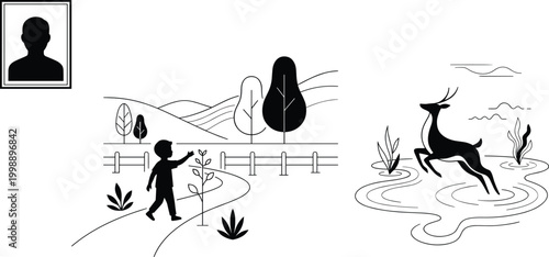 Abstract illustration of childhood memory, nature walk and deer in water, human silhouette and landscape, minimalist storytelling design composition