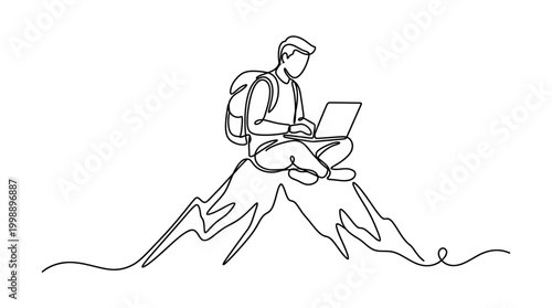 Continuous line drawing of a freelancer working on a laptop on top of a mountain.