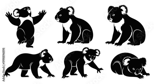 Koala Bear Silhouettes Set in Various Poses ? Minimalist Wildlife Art