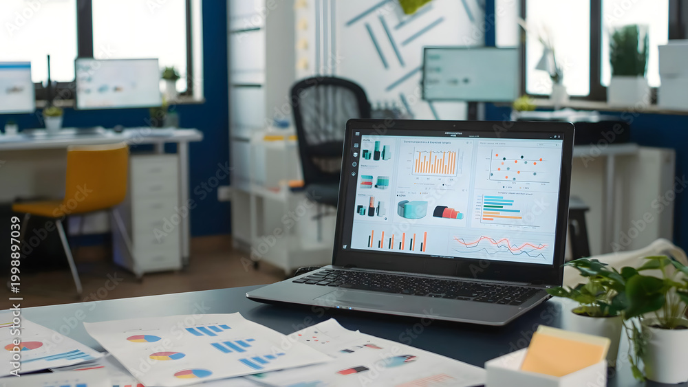 Fototapeta premium Modern Office Workspace with Laptop Showing Business Analytics Charts – Corporate Data Analysis Concept