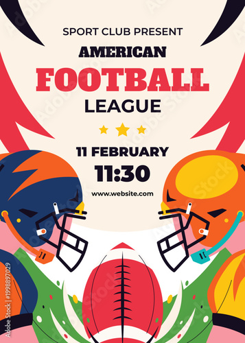 American football league sport flyer design with two player helmets and ball for a championship match