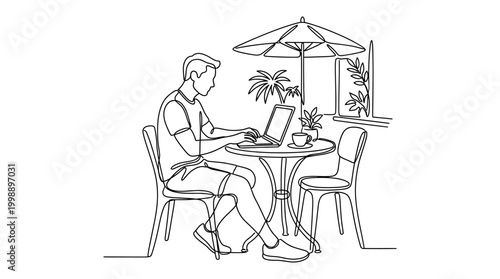 Continuous one line drawing of a young man working on a laptop at an outdoor cafe.