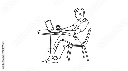 Continuous line drawing of a man working on a laptop at a cafe table.