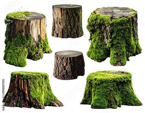 Several wood stumps, varying shapes and sizes, some covered in vibrant green moss, isolated on a white backdrop