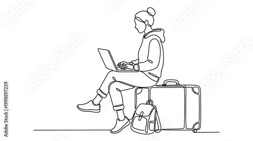Continuous line drawing of a young woman sitting on luggage with a laptop.