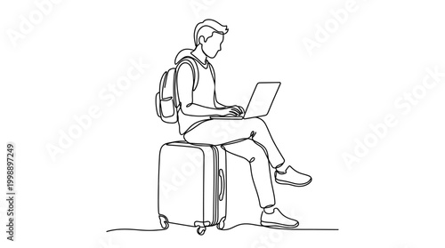 Continuous one line drawing of a young traveler sitting on luggage using a laptop.