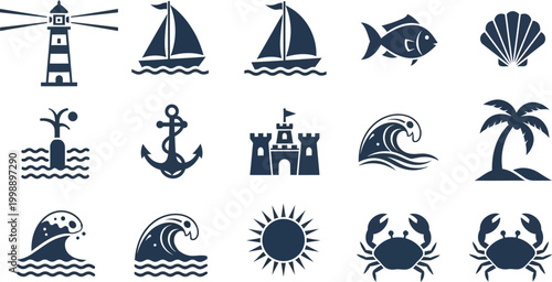 Collection of dark blue nautical and beach on white background, lighthouse sailboat yacht fish seashell