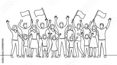Group of cheering people with flags continuous line drawing.