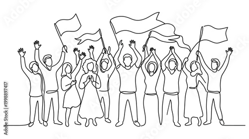 Continuous line drawing of a diverse group of people celebrating with flags.