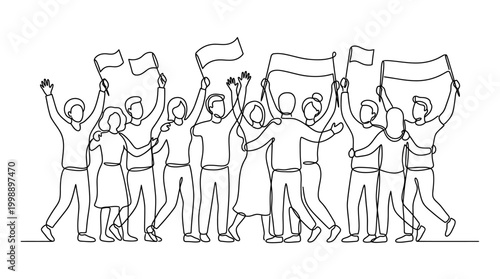 Continuous line drawing of a diverse group of cheering people holding flags.