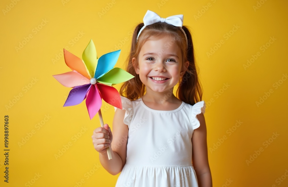 Naklejka premium Smiling young girl holds colorful paper pinwheel toy against bright yellow backdrop. Happy child plays with spinning toy, enjoying summer day. Pure childhood joy.