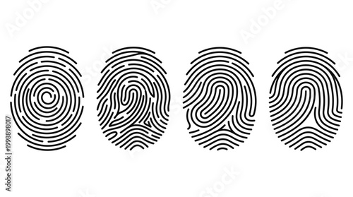 Biometric fingerprint identity verification collection, flat monochromatic line symbols, security, access, authentication, privacy, and identification.