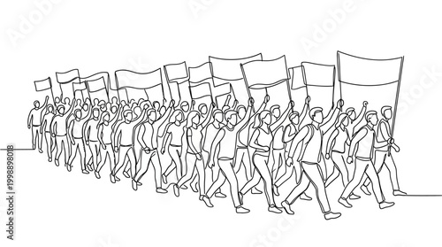 Continuous line drawing of a large group of protesters marching with banners.