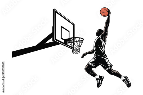 Basketball player performing a powerful slam dunk into the hoop