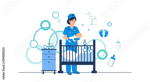 Nurse Holding Newborn Baby in Crib, Maternity Ward, Neonatal Care, Stork Symbol