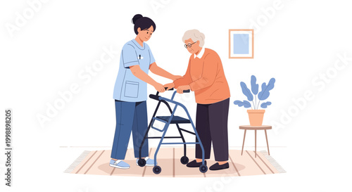 Nurse helps elderly woman with walker, promoting independence and care in home setting