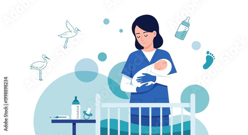 Nurse Holding Newborn Baby in Crib, Storks, Baby Bottle, Footprint Icons