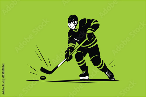 Ice hockey player silhouette with hockey stick and puck on a vibrant green background