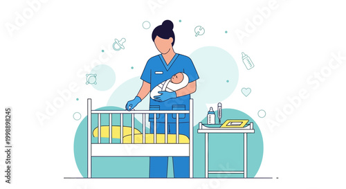 Nurse Holding Newborn Baby Near Crib, Healthcare and Pediatrics Concept