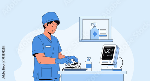 Nurse in blue scrubs cleaning medical equipment with disinfectant, blood pressure monitor nearby