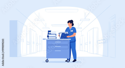 Nurse in blue uniform with medical cart in hospital corridor, healthcare concept